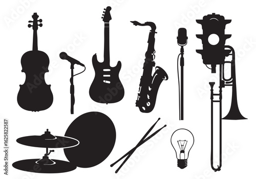 Variety of Musical Instruments and Accessories in Silhouette for Music Inspiration and Creative Expression