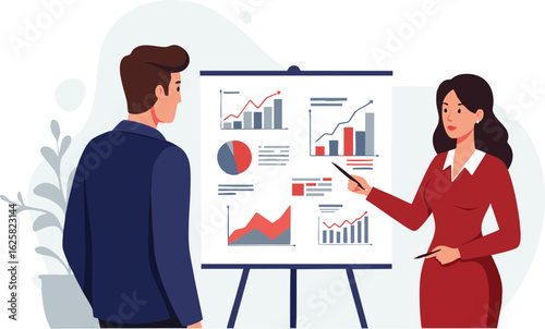 Professional Vector Illustration of Business Presentation with Charts and Data Analysis in Red and Blue Tones