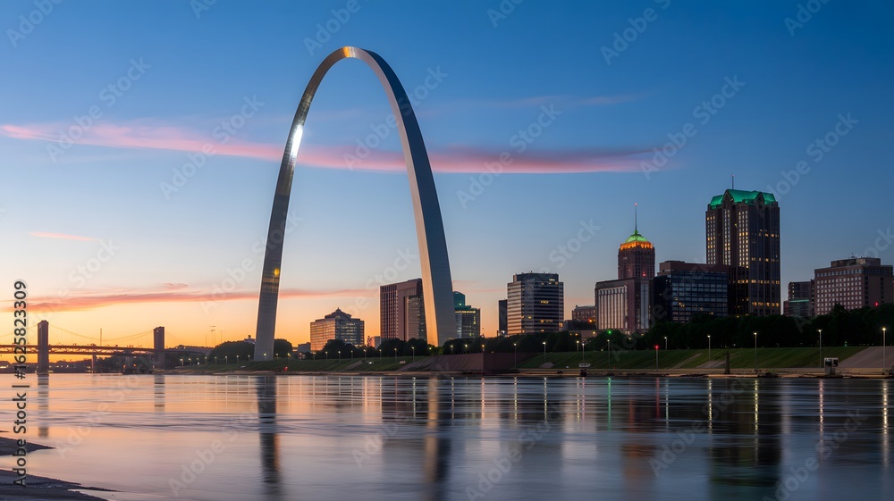 Obraz premium The Gateway Arch and St. Louis skyline reflecting in the river at sunset