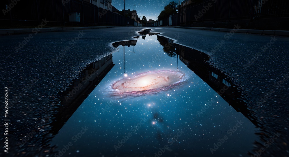 Naklejka premium The night sky is perfectly reflected in a street puddle, revealing a stunning galaxy amidst the urban landscape.