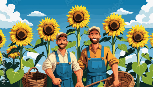 Happy farmers in cheerful mood standing among sunflowers in an agricultural field