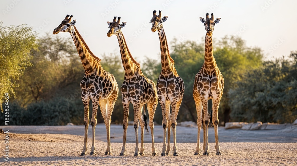 Obraz premium On a sunny day at the safari park on Sir Bani Yas Island, three giraffes stand side by side.