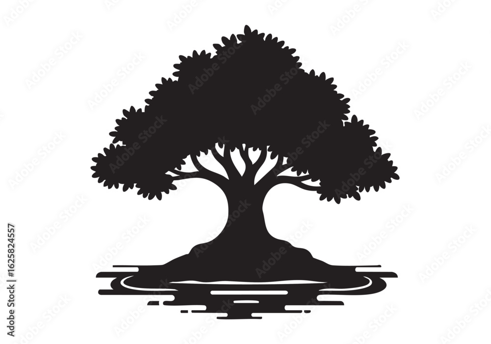 Fototapeta premium Minimalist silhouette of a mature tree with lush foliage reflecting in calm waters creating a peaceful nature scene perfect for design elements