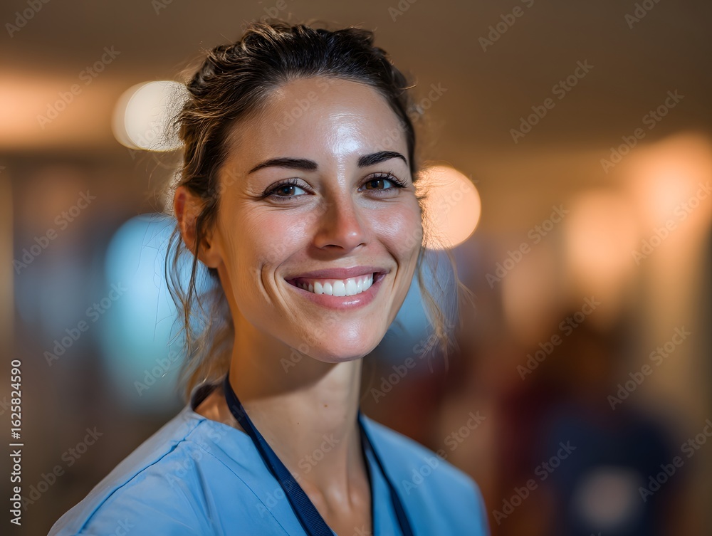 Obraz premium A happy medical professional smiles directly at the camera in a warm, blurry indoor setting.