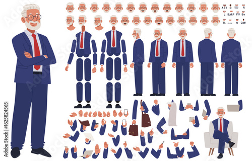 Mature businessman character constructor. Investor or CEO. Set of hands legs body and head positions for creating animation