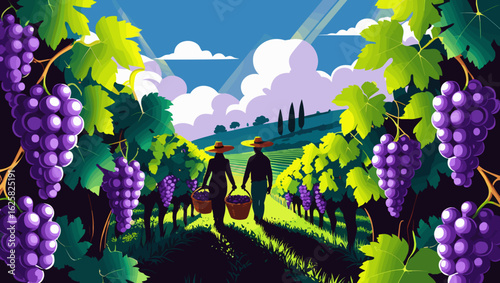 Farmers harvesting grapes in joyful mood walking through a vineyard under a bright sky