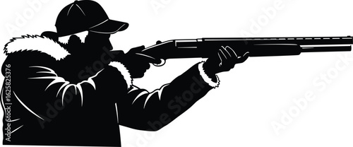 Hunter aiming rifle silhouette, outdoor shooting scene, winter clothes, hunting gear, precision marksmanship, forest sport, cold weather action, illustration
