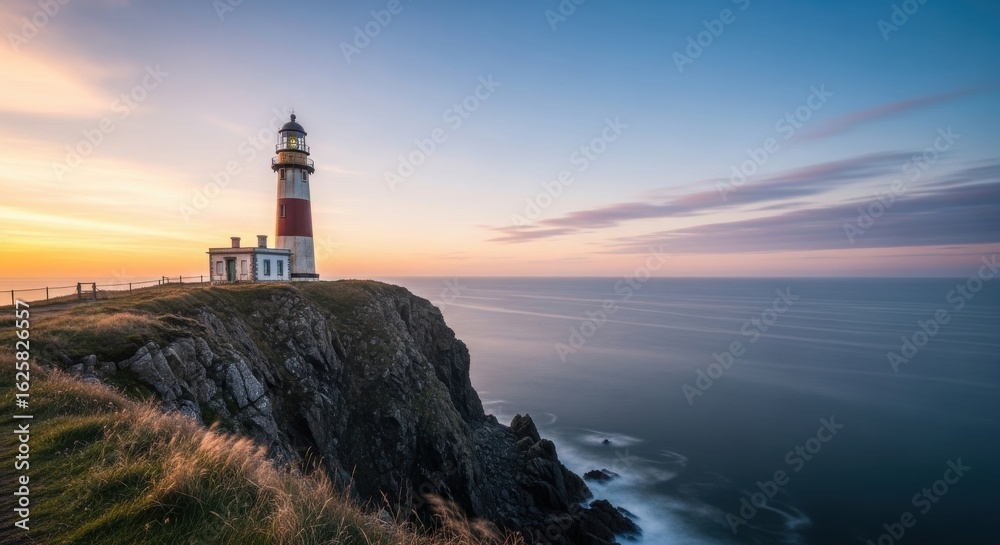 Red and white lighthouse on a rocky cliff overlooking the ocean at sunset image Red and white lighthouse on a rocky cliff overlooking the ocean at sunset image