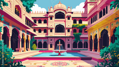 Magnificent palace courtyard in vibrant mood featuring a fountain and intricate architecture