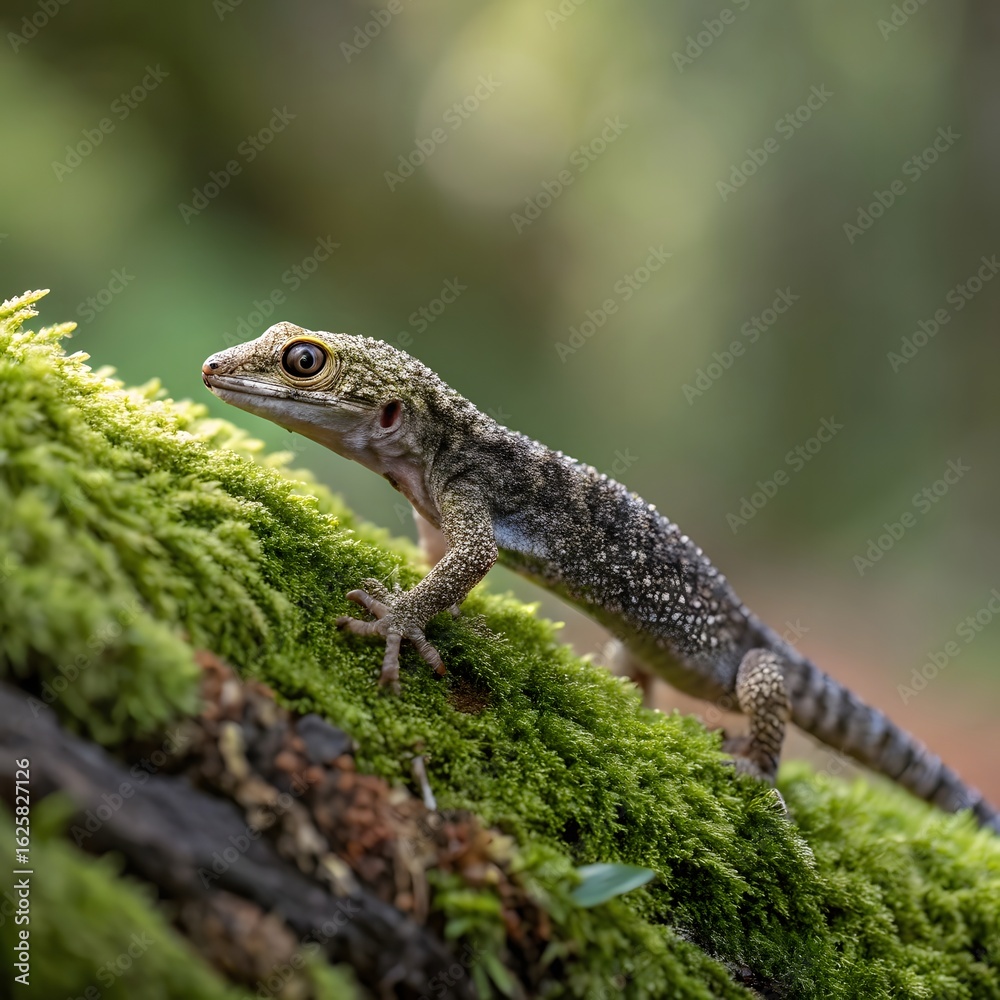 Naklejka premium Small spotted lizard perched on a moss covered log in a forest