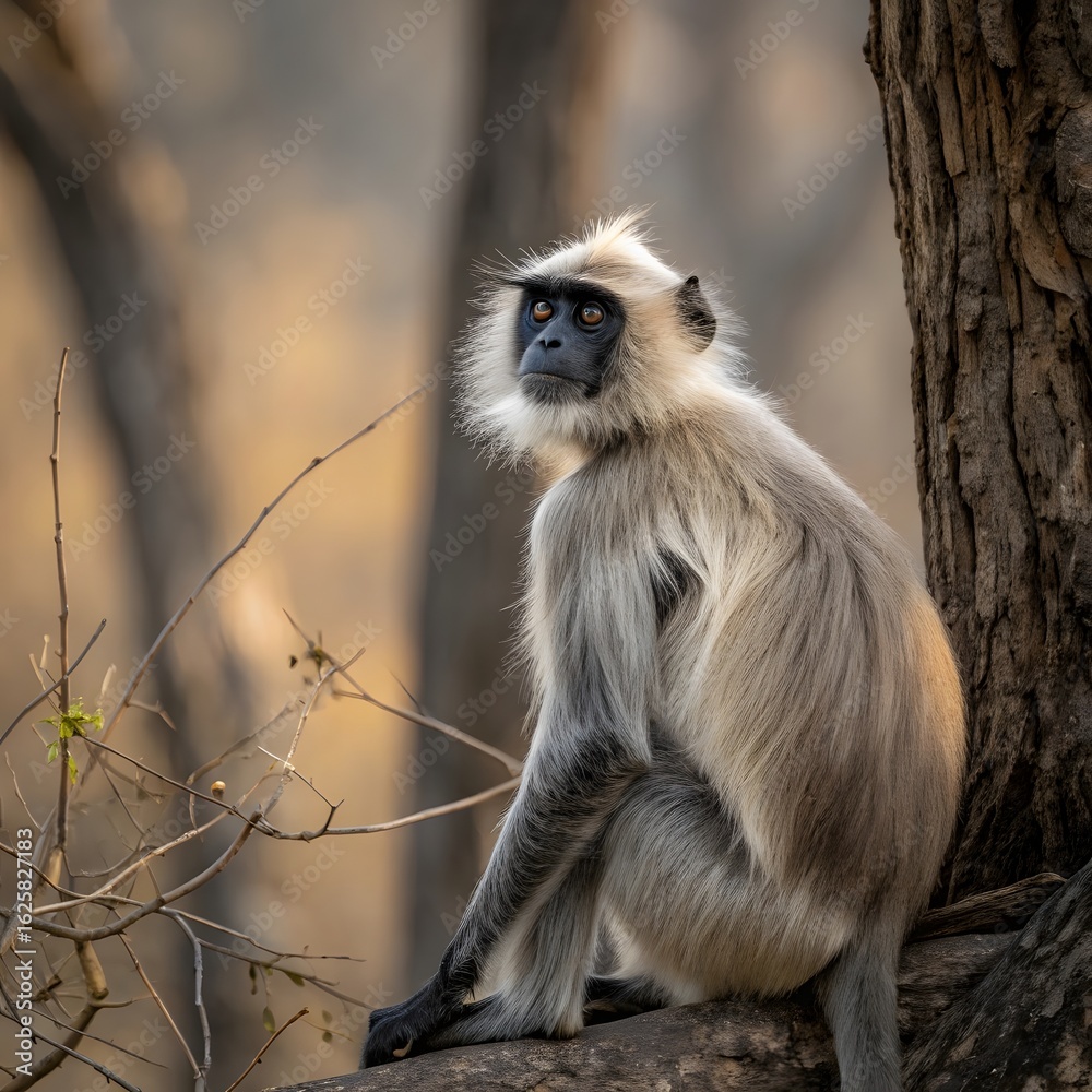Fototapeta premium Gray langur monkey sitting on a tree branch in a forest