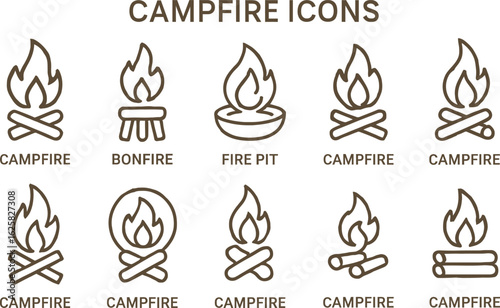 Campfire Icon Set – Stylized Bonfire, Fire Pit, and Flame Variations for Outdoor, Travel, Seasonal, and Editorial Design Projects