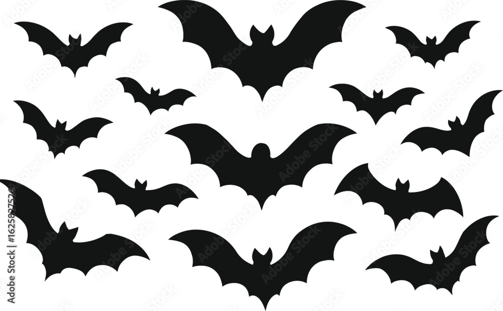 Naklejka premium Flying Bat Silhouette Icon Set – Black Vector Symbols for Halloween, Wildlife, Nocturnal Creatures, and Fantasy Design Projects