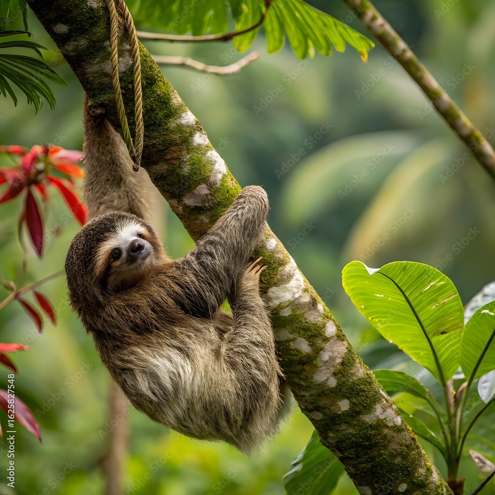 Fototapeta premium Adorable three toed sloth hanging upside down on a tree branch in a lush forest