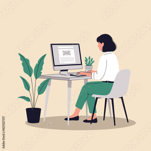 Woman working on a computer at desk with plants in home office  