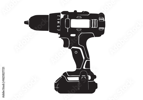 Black and White Vector Illustration of Cordless Drill Tool for Construction and Home Improvement Projects with Modern Design Isolated on White Background
