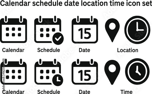 Calendar, Schedule, Date, Time, and Location Icon Set – Minimalist Vector Collection for Planning, Organization, and UX Design Projects