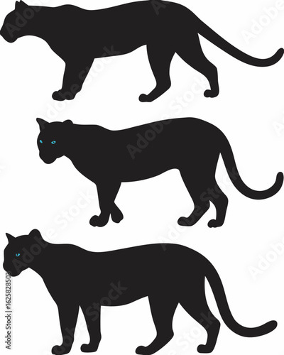 Three black panther silhouettes in a vertical arrangement against a white background illustration created with generated ai