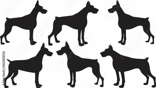 Silhouette illustration featuring a group of six doberman dogs standing in various poses on a white background created with generated ai