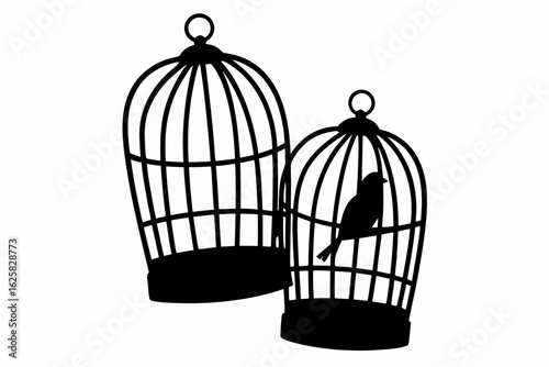 Silhouette of two birdcages one empty and one with a bird inside in a simple black and white design created with generated ai