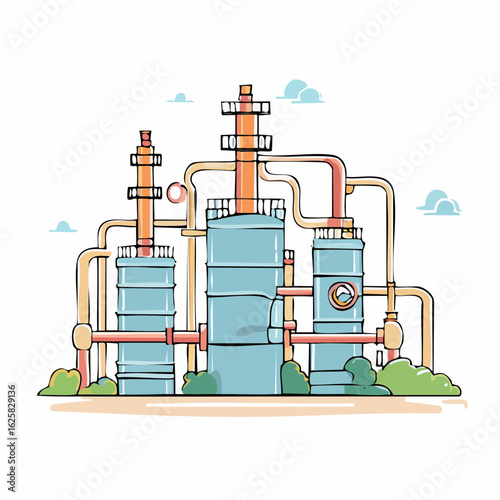 Industrial plant with interconnected pipes and tanks illustration