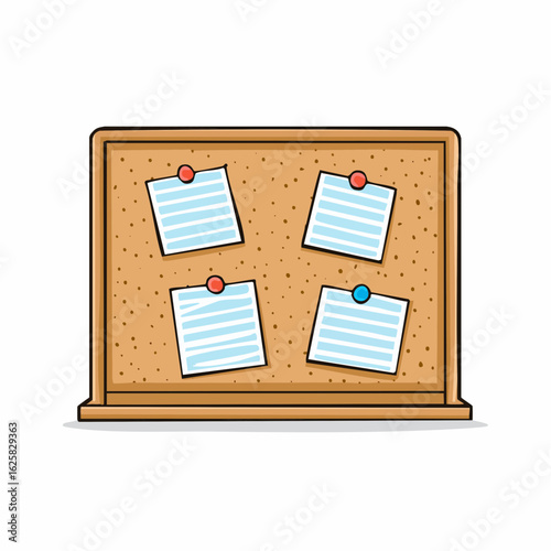 Corkboard with blank notes pinned using red and blue pushpins in office