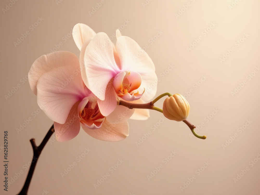Obraz premium Soft apricot orchid with bud – floral macro on warm pastel background