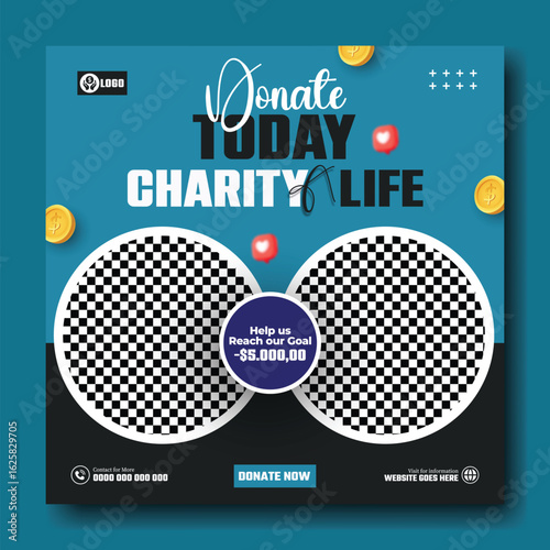Donate today for charity life with circular frames and donation amount displayed