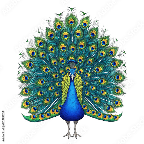 Majestic peacock with colorful feathers spread, vibrant hand-drawn vector illustration.