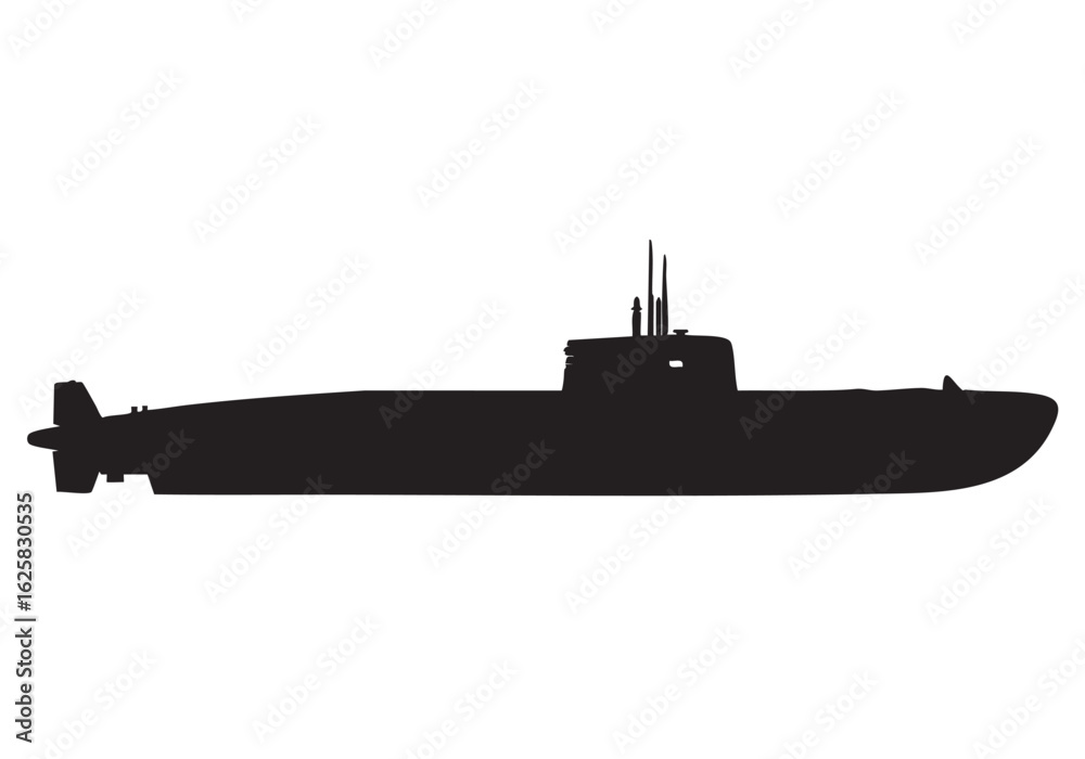 Fototapeta premium Submarine Silhouette Isolated on White Background Naval Vessel Military Transport Underwater Vehicle Submersible Exploration Marine Technology Black and White