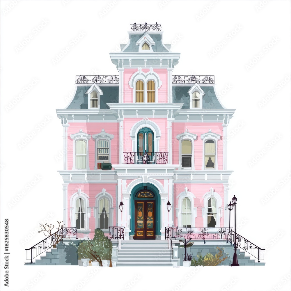 Fototapeta premium Pink Victorian Mansion, Winter Day, City Street, Illustration