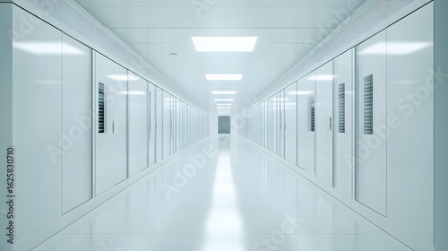 infinite server room stretching into the distance, cool white lighting and tech details, silent and empty 
