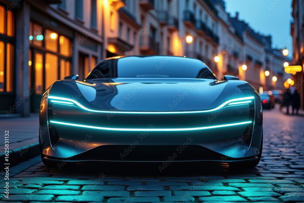 Modern Blue Car Parked on Cobblestone Street at Night Modern Blue Car Parked on Cobblestone Street at Night