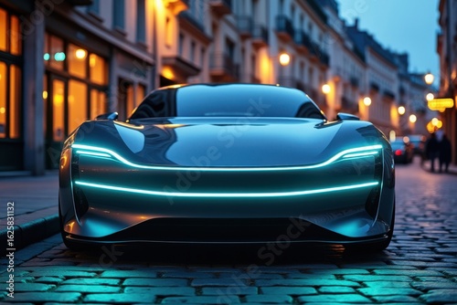 Modern Blue Car Parked on Cobblestone Street at Night