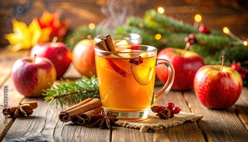 Fototapeta Naklejka Na Ścianę i Meble -  Hot apple drink on a wooden surface with autumn fruits