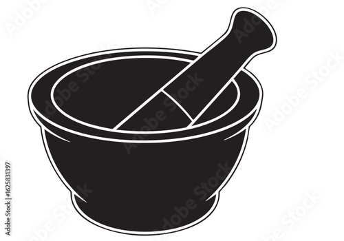 Black and White Mortar and Pestle Illustration for Culinary and Medical Concepts Grinding Herbs and Spices