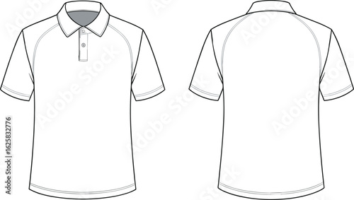 Classic short sleeve polo shirt front and back technical flat sketch template for casual menswear clothing design and apparel illustration