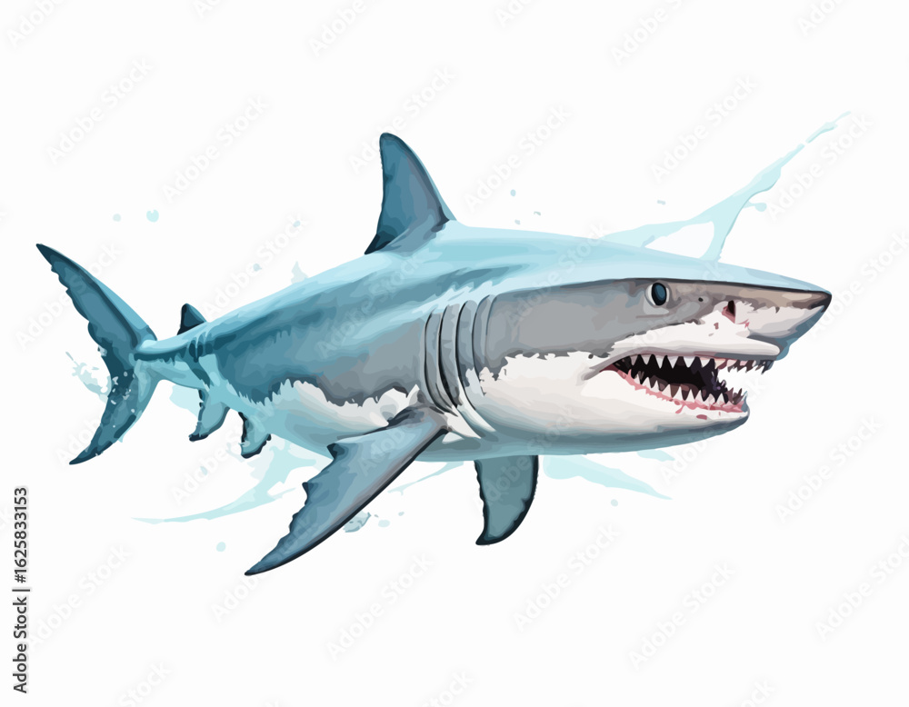 Fototapeta premium The shark is shown in a dynamic, mid-leap pose, with its powerful body arcing slightly. Its upper body is a cool, slate gray, and its underside is a stark white.