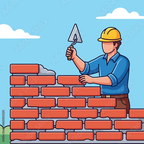 A construction worker, wearing a hard hat, lays bricks with a trowel, building a brick wall under a sunny sky, illustrating construction.