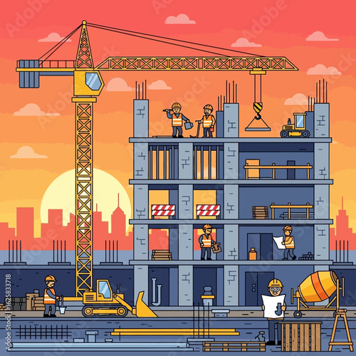 Construction workers build a modern skyscraper with cranes and heavy machinery against a vibrant sunset sky.