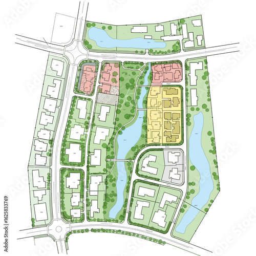 Detailed architectural plan showcasing a residential development with houses, roads, green spaces, and water features, designed for urban planning and real estate projects.