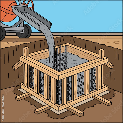 An illustration depicting concrete being poured from a mixer into a square foundation with rebar and wooden formwork on a construction site.