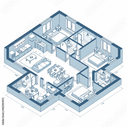 Detailed isometric floor plan illustration of a modern apartment featuring bedrooms, kitchen, living room, bathrooms, and dining areas in a clean style.