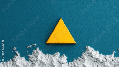 A bright yellow triangle sits against a textured turquoise background, surrounded by a white, abstract pattern resembling clouds or waves.