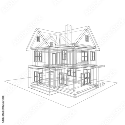 Wireframe blueprint of a modern two-story house, showcasing architectural design and construction planning on a white background.