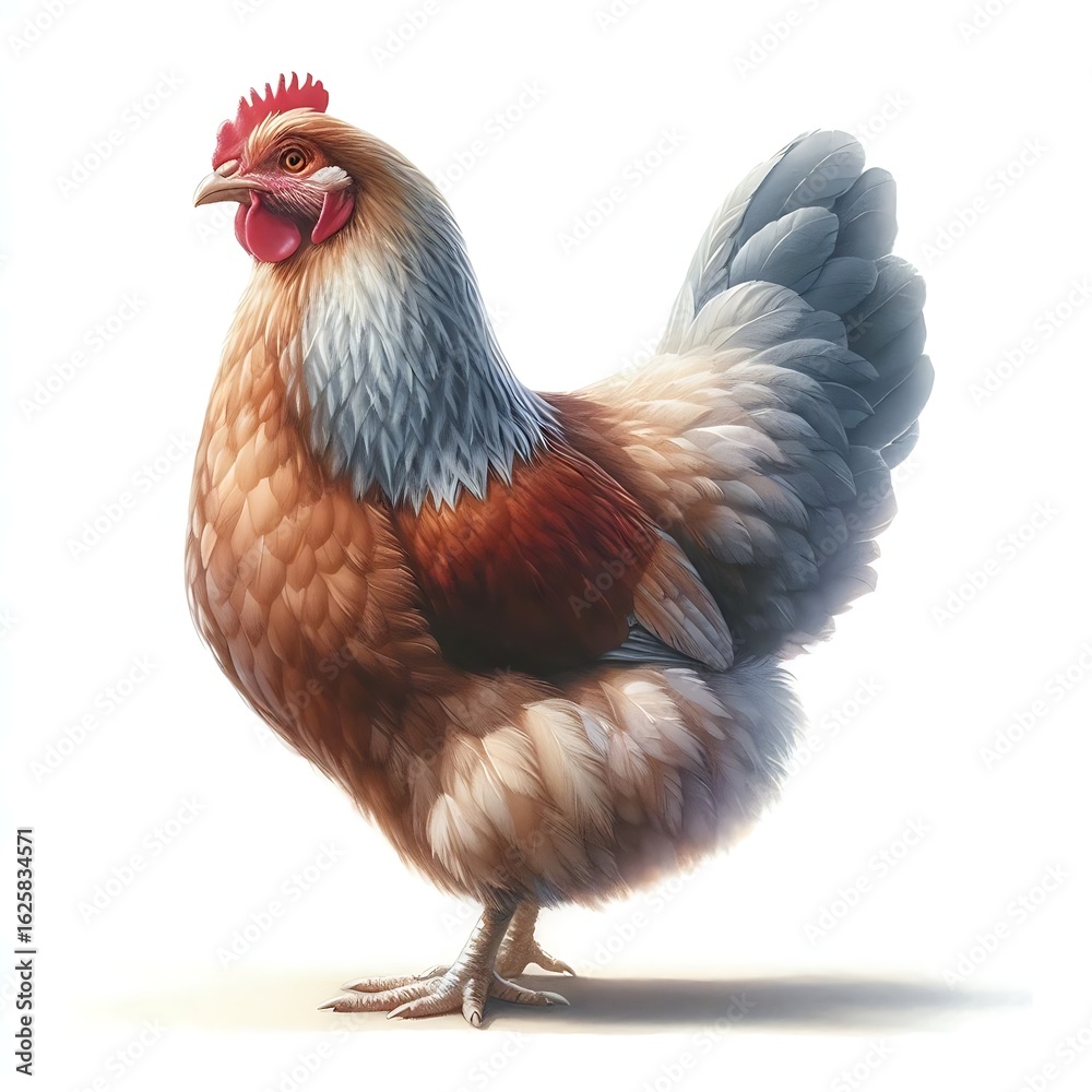 Fototapeta premium A beautiful fluffy chicken standing gracefully isolated on white background