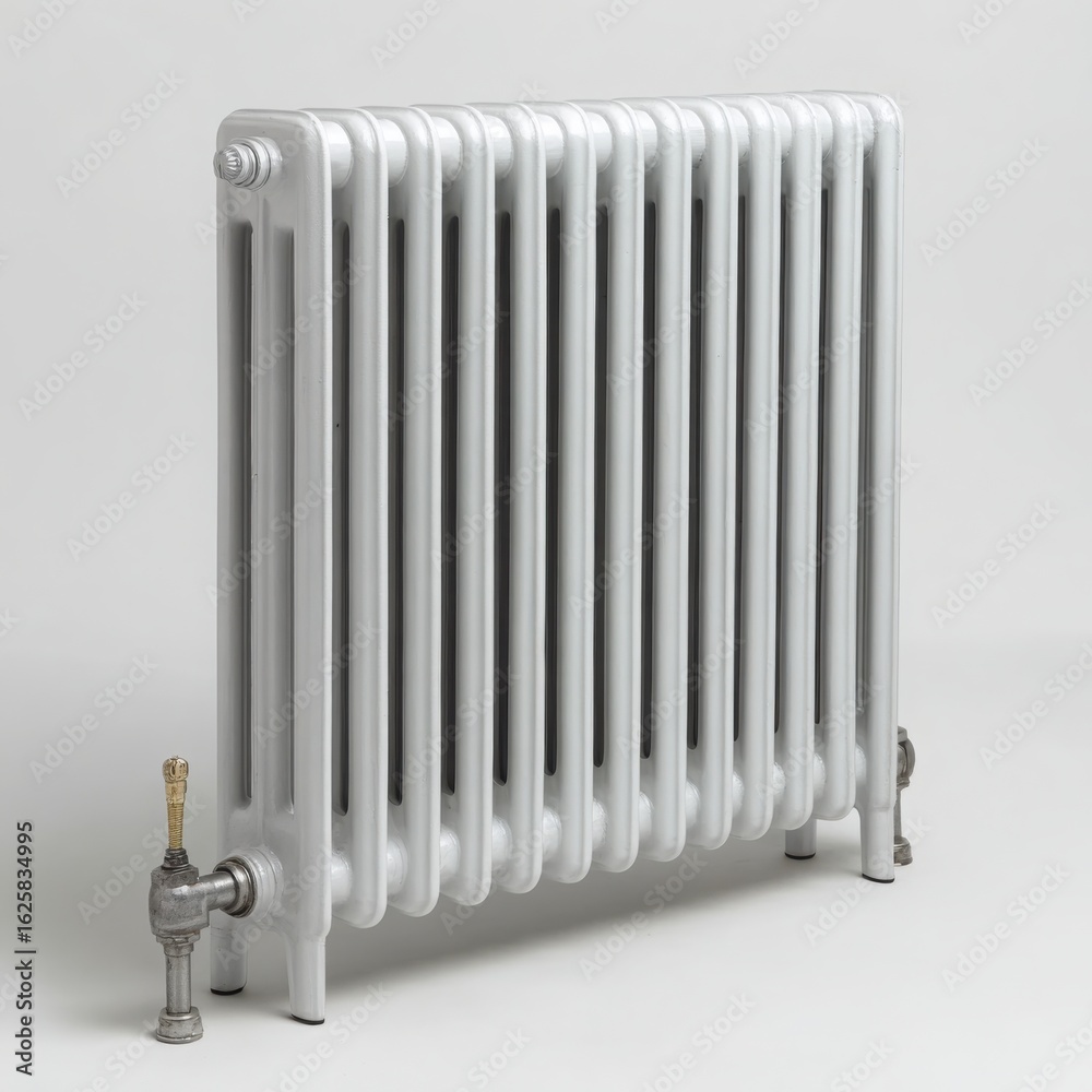Classic white cast iron radiator with traditional valve on a white background Classic white cast iron radiator with traditional valve on a white background