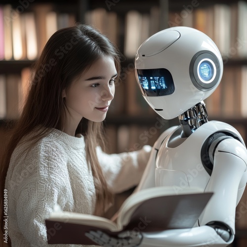 A smart AI robot helps a teen with homework. They read books together, showing how people and robots can work together.
