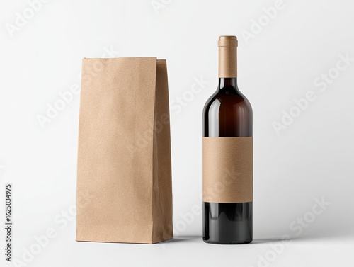 Wine bottle and paper bag mockup, studio shot, white background, packaging design