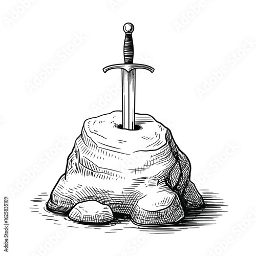 Classic illustration of a sword embedded in a stone rock